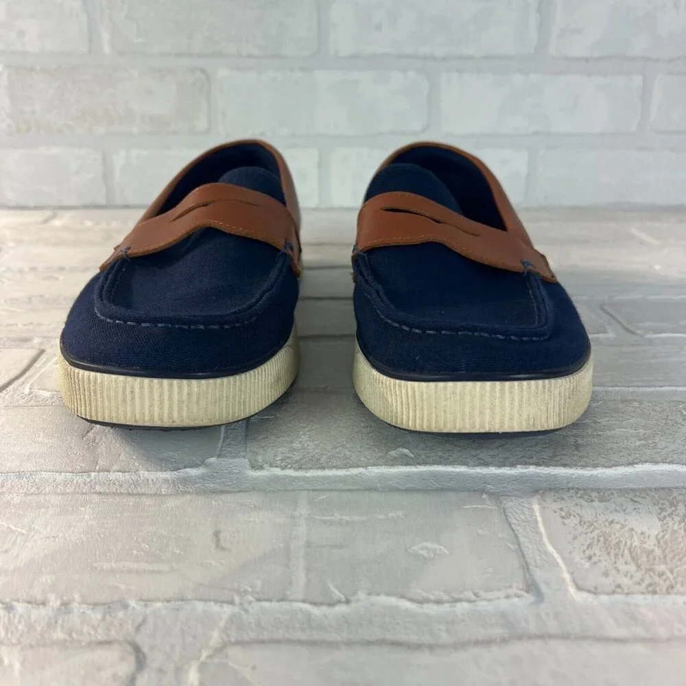 Cole Haan‎ Mens 9.5 M Nantucket 2.0 Navy Blue Brown Canvas Slip On Penny Loafer